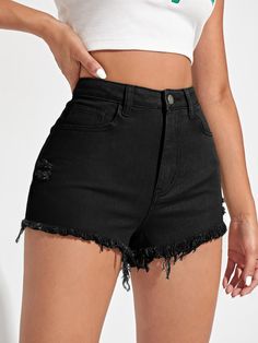 Short Jeans Outfit Woman, Black Short Jeans Outfit, Short Dins, Ripped Shorts Outfit, Black Short Jeans, Black Short Pants, Black Shorts Women, Black Jeans Shorts, Women Jean Shorts