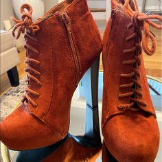 Laced Up Almond Toe’d Bootie. 5inch Heel With 2 Inch Platform (Never Worn). Great Fall/Winter Shoe, Size 8 Fall Winter Shoes, Ankle Bootie, Burnt Orange, Ankle Booties, Color Orange, Charlotte Russe, Bootie, Bootie Boots, Almond