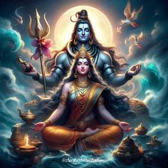 the hindu god sitting in front of a full moon with his hands up and two birds flying