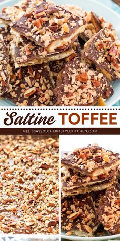 Sweet, salty, and utterly addictive! This Saltine Toffee layers saltine crackers with warm homemade toffee, melted chocolate chips, and a topping of toasted pecans and buttery toffee bits. A standout among Christmas desserts to impress! Christmas Crackers Recipe Saltine Toffee, Toffee Dessert, Saltine Cracker Toffee, Easy Toffee, Saltine Cracker, Saltine Toffee, Pretzel Toffee, Toffee Chocolate, Cracker Candy