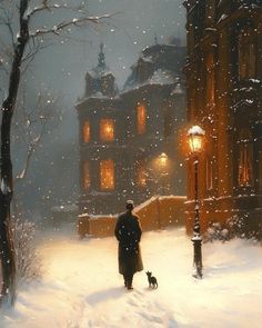 a man and his dog are walking through the snow in front of a large house