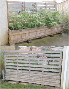 an old wooden planter with plants growing in it and another photo of the same planter