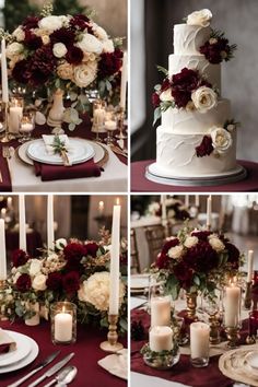 the wedding cake is surrounded by candles and flowers