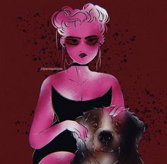 a painting of a woman with pink hair and black dress holding a dog in her lap