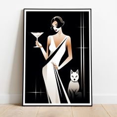 a woman in a white dress holding a martini glass with a cat sitting next to her