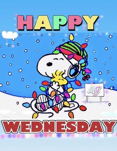 a snoopy christmas card with the words happy wednesday