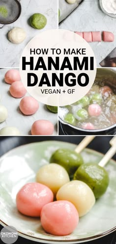 how to make hamami dango with green and pink pickles on the side