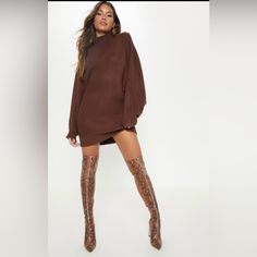 Product Details- Chocolate Oversized Sweater Dress Keep It Simple And Sweet With This Sweater Dress Doll. Featuring A Chocolate Brown Fabric With An Oversized Fit, Style This Dress With Some Snake Print Thigh High Boots For A Killer Weekend Look. Length Approx 85cm/33.5" (Based On A Sample Size S) Model Wears Size S Model Height - 5ft 9" Size: Medium, Never Worn. Bnwot. Fabric And Care- Main: Acrylic - 50%, Polyester - 50% Please Note: Due To Fabric Used, Colour May Transfer. Brown Sweater Dress Outfit, Chunky Sweater Dress, Chocolate Brown Fabric, Oversized Sweater Dress, Brown Sweater Dress, Sweater Dress Oversized, Sweater Dress Outfit, Winter Lookbook, Dress Doll