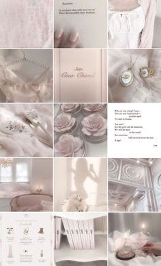 a collage of photos with pink and white colors