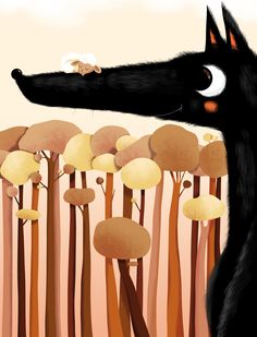 a black dog standing in front of a forest filled with lots of trees and mushrooms