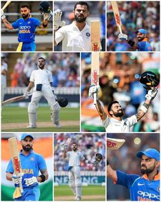 many different pictures of the same man playing cricket