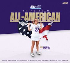 a woman holding an american flag in front of a purple and white background with the words, third team all - american