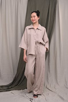 Linen pajama set GETTY with relaxed fit, super comfortable and versatile. Handcrafted in our studio to your specific measurements and preferences, available in over 60 colors. This pajama set includes:  - Shirt: relaxed fit, collar neck, 3/4 sleeves and front buttons. - Pants with an elastic band and string at the waist, side pockets - 100% linen, medium weight, free-shrinkage. All our linen is pre-washed for an amazingly soft feel. - French seam, clean and meticulous ✓COLOR - You can select any Spring Linen Sleepwear Sets, Casual Beige Linen Set, Casual Linen Pant Set For Loungewear, Casual Linen Sets For Relaxation, Relaxed Fit Casual Pant Set For Daywear, Casual Relaxed Fit Pant Set For Daywear, Linen Sets For Spring With Long Pants, Linen Sets For Spring, Summer Linen Loungewear Pant Set