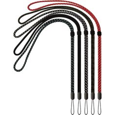 five black and red leashs with one rope attached to the other, all tied together