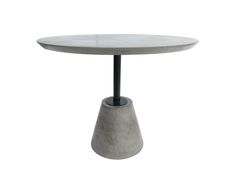 a white table with black metal legs and a round marble top on an isolated pedestal