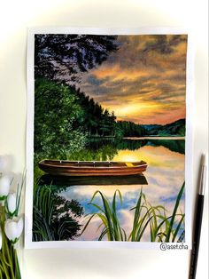 a painting of a boat sitting on top of a lake next to some water lilies