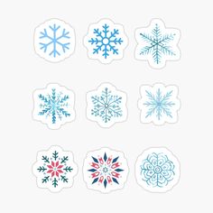 six different snowflakes stickers on a white background, all in blue and red