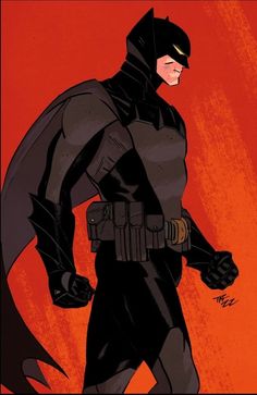 the batman is standing with his hands on his hips and wearing a black suit, red background