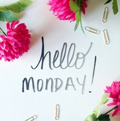 the word hello monday written on a piece of paper surrounded by flowers and capsules