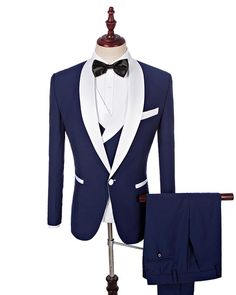 ClassyBy Groomsmen White Shawl navy blue Lapel Men Wedding Suits Tuxedos 3 Pieces WX123 Navy Blue Tux, Navy Blue Groom, Blue Tux, Vest And Bow Tie, White Shawl, Suits Men Business, Custom Made Suits, Italy Outfits