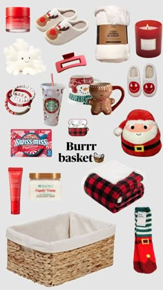 the contents of a basket with christmas items in it and text that reads, burnr basket