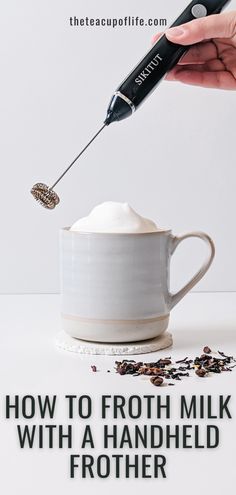 a person is spooning sugar into a mug with the words how to froth milk with a hand held grater