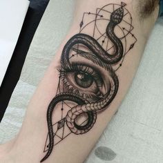 an eye with a snake on the side of its face is shown in this tattoo design