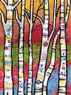 an abstract painting of trees in the woods