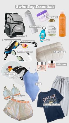 the contents of a swimsuit are shown in this graphic style, including sunscreens and body care products