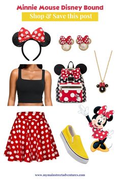 Are you searching for the perfect Disney Bound outfit? This cute Minnie Mouse-inspired look is ideal for your next Disneyland adventure! Combine style and comfort to feel like Disney magic in the parks. Ready to plan your outfit? Check out this post for more Disney Bound ideas! #MinnieMouse #DisneyBound #DisneylandOutfit #DisneyStyle #DisneyFashion Minnie Disneybound, Disney Bounding Outfits, Minnie Outfit, Cute Minnie Mouse, Characters Disney, Classic Characters, Disneyland Outfits