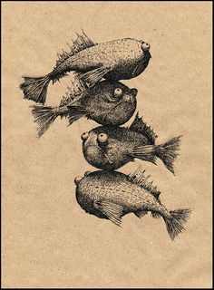 three fish floating on top of each other in the air with their heads above them