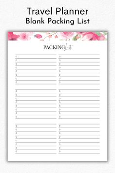 the travel planner blank packing list is shown with pink flowers and leaves on white paper