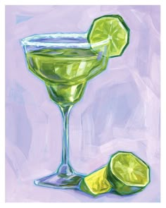 a painting of a margarita with limes on the rim and one slice cut in half