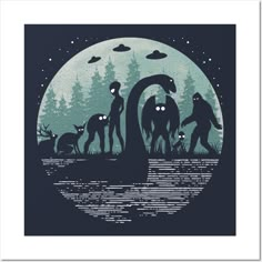 an image of some animals and aliens in front of a full moon with the sky