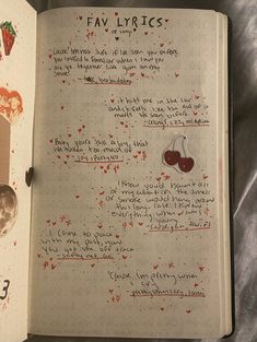 an open notebook with writing and pictures on the pages that are covered in red ink