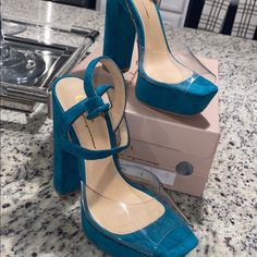 Olivia Ferguson Turquoise And Clear Open Toe Heels That Will Turn Heads. These Are Brand New That Come In The Original Package And Box. Sz 6 Chic Turquoise Pointed Toe Heels, Trendy Blue Heels With Padded Heel, Trendy Blue Heels With Wrapped Heel, Turquoise Heels For Party, Blue High Heel Platform Shoes, Blue Platform High Heels, Turquoise Ankle Strap Heels For Party, Trendy Blue Closed Toe Heels, Turquoise High Heels For Party