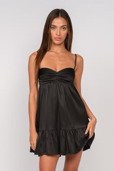 See the Bailey Black Satin Babydoll Mini Dress at BohoPink.com! Satin babydoll mini dress with ruffle hem. Express and international shipping is available! Boho Dress Outfit, Snowball Dresses, Dresses For Hoco, Country Concert Fits, Hoco Dress Inspo, Satin Babydoll, Black Satin Fabric, Hoco Inspo, Dress With Ruffle Hem