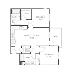 the floor plan for a two bedroom apartment with an attached kitchen and living room area