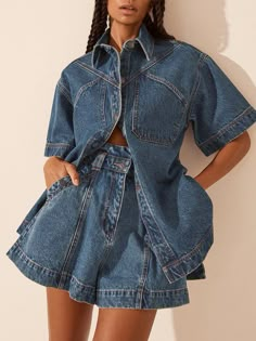 Casual Loose Shirt Collar Denim Blouse | stylewe Girly Outfits Black Women, Winter Denim Outfits, Denim Set Outfit, Casual Denim Shorts, Denim Set, Fashion Black And White, Elegant Cocktail Dress, Loose Shirt, Denim Blouse