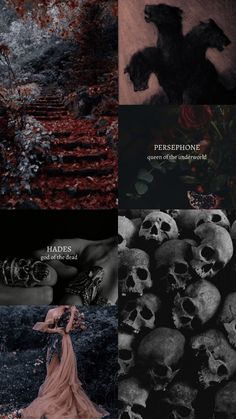 a collage of different images with skulls and roses on them, including a woman in a dress