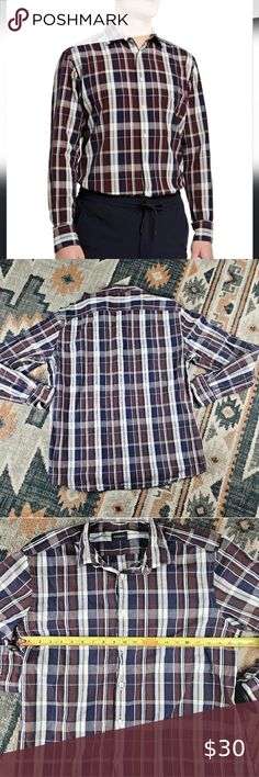 Ermenegildo Zegna red,blue,and silver plaid mens XL long sleve button-up Collared Dress, Ermenegildo Zegna, Collar Dress, Blue And Silver, Dress Shirt, Red Blue, Red And Blue, Button Up