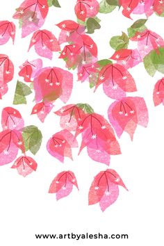 pink flowers with green leaves floating in the air on a white background text reads artbyalasha com