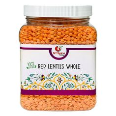 a jar of red lentils whole on a white background with an orange stripe around the lid