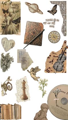 an assortment of various items are shown in this collage, including books and clocks