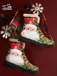 Christmas Women's Winter Boots, Santa Claus Designed Fur Lined Snow Boots For Woman, Waterproof And Anti Slip, Velvet Comfortable Warm Winter Shoes Suitable For Autumn And Winter, Christmas Gift For Mom/Dad/Her/Him/Girlfriend/Boyfriend/Wife/Husband/Friend Black     Christmas,Plants Combat Boots  Spring/Fall Women Shoes, size features are:Bust: ,Length: ,Sleeve Length: Winter Boots With Glitter Print And Round Toe, Red Faux Leather Winter Boots, Red Embroidered Winter Boots, Pink Faux Leather Winter Boots, Multicolor Ankle-high Winter Boots, Spring Boots, Boot Print, Black Christmas, Boots Women Fashion