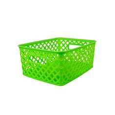 a green plastic basket on a white background