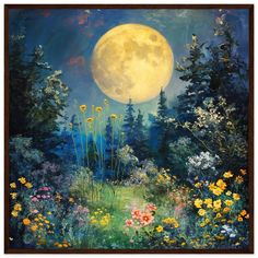 a painting of a full moon in the night sky over flowers and trees with wildflowers