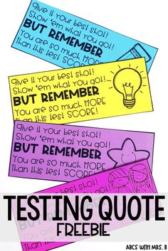 three colorful stickers with words on them that say, testing quote peopee