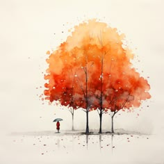 an orange and red tree with a person holding an umbrella