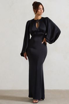 Wild Rose Black Satin Puff-Sleeve Cut-Out Maxi Dress – Club L London - USA Sleek Hairstyle, Club L London, Voluminous Sleeves, Black Dress Prom, Black Tie Gala, Christmas Party Dress, Rose Black, Black Shade, Black Velvet Dress